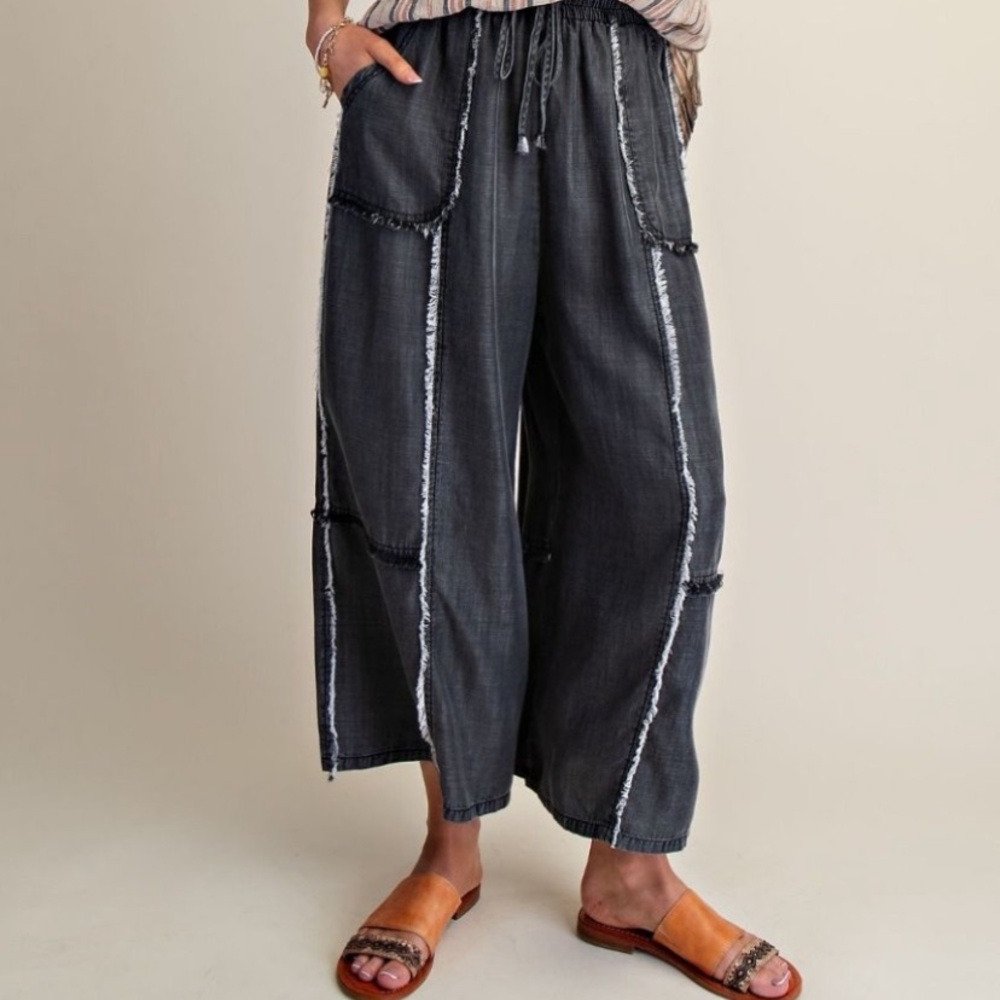 Small - 3X  362 1-G ❤️ BLACK EASEL SELF FRAY WASHED CHAMBRAY PALAZZO
PLUS PANTS - Picture 4 of 5